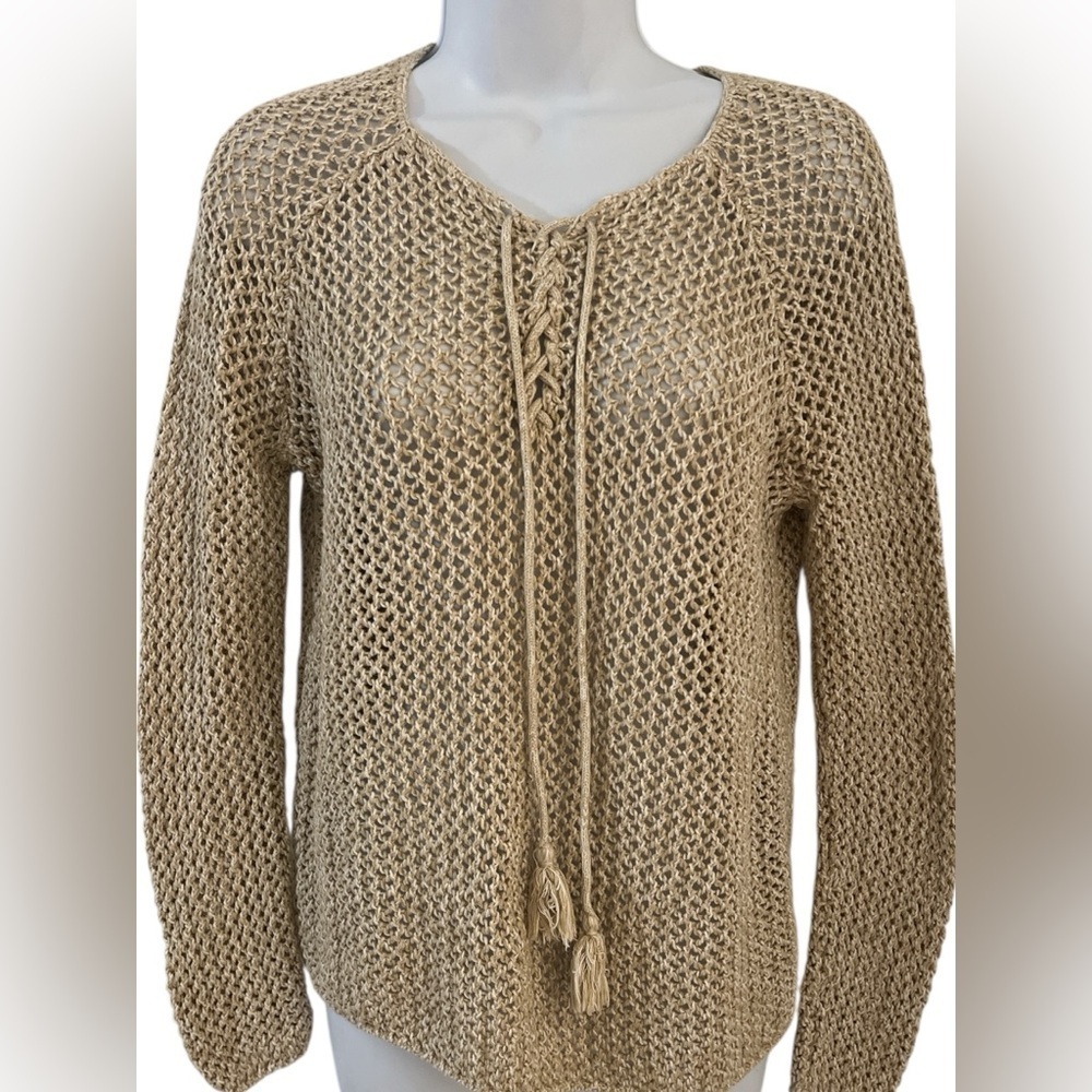 Ann Taylor Loft Womens Sweater
Open Knit Crochet Long Sleeve Beige.Sz. S